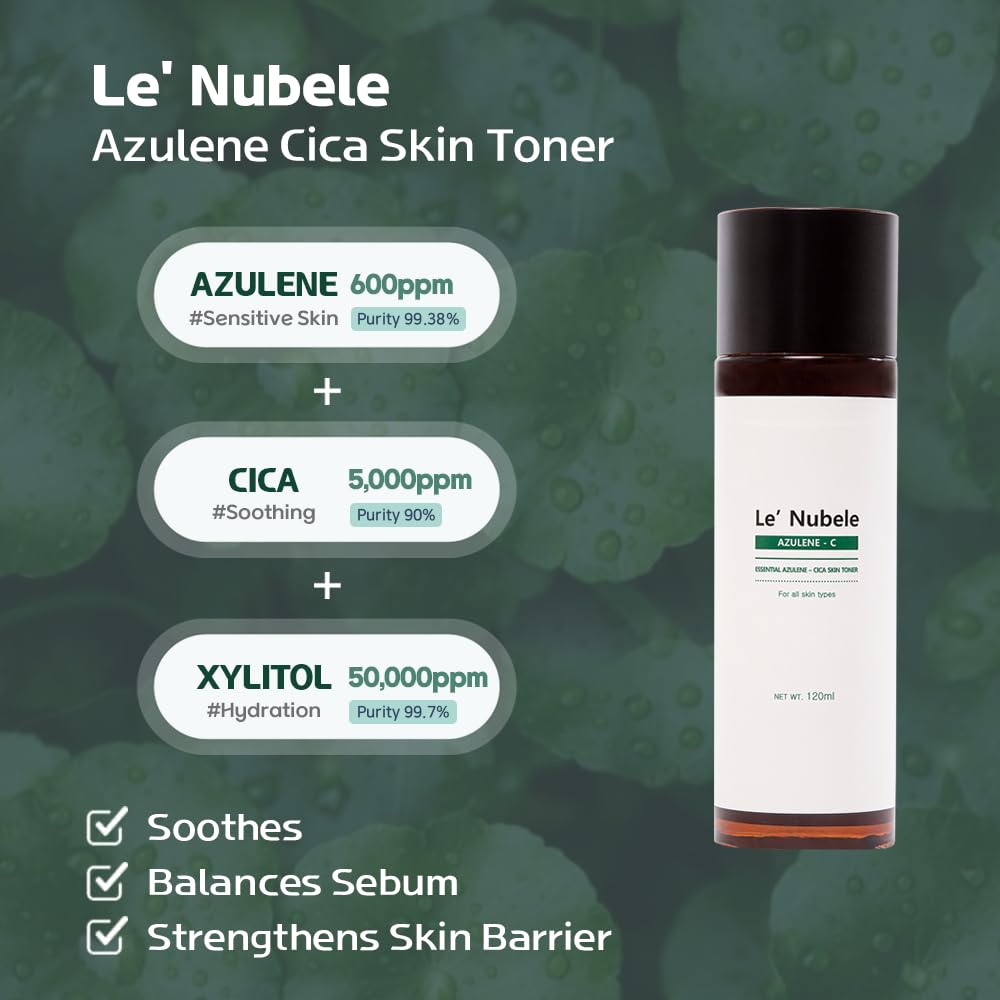 Le Nubele Azulene CICA Skin Toner | Daily Soothing Toner for Sensitive Skin with 600ppm Azulene & 5000ppm Centella Asiatica | Hydrating & Moisturizing Formula | 4.05 fl. oz (120ml)