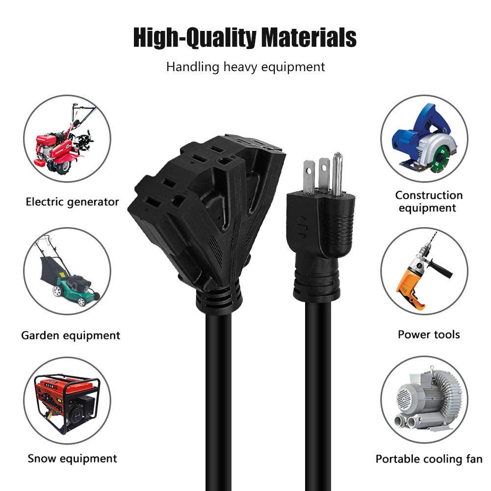 Mshyet 25FT 12/3 Outdoor Extension Cord, Heavy Duty 3-Outlet SJTW Indoor/Outdoor Three-Prong Power-Cord 12-Gauge Grounded 15-Amp 1875 Watts