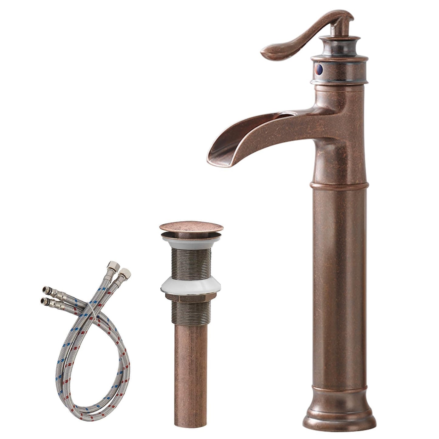 Vessel Sink Faucet Copper Tall Bathroom Faucets Waterfall Single Handle 1 Hole Farmhouse Antique with Pop up Drain Assembly and Supply Lines Mixer Tap Without Overflow Counter Top