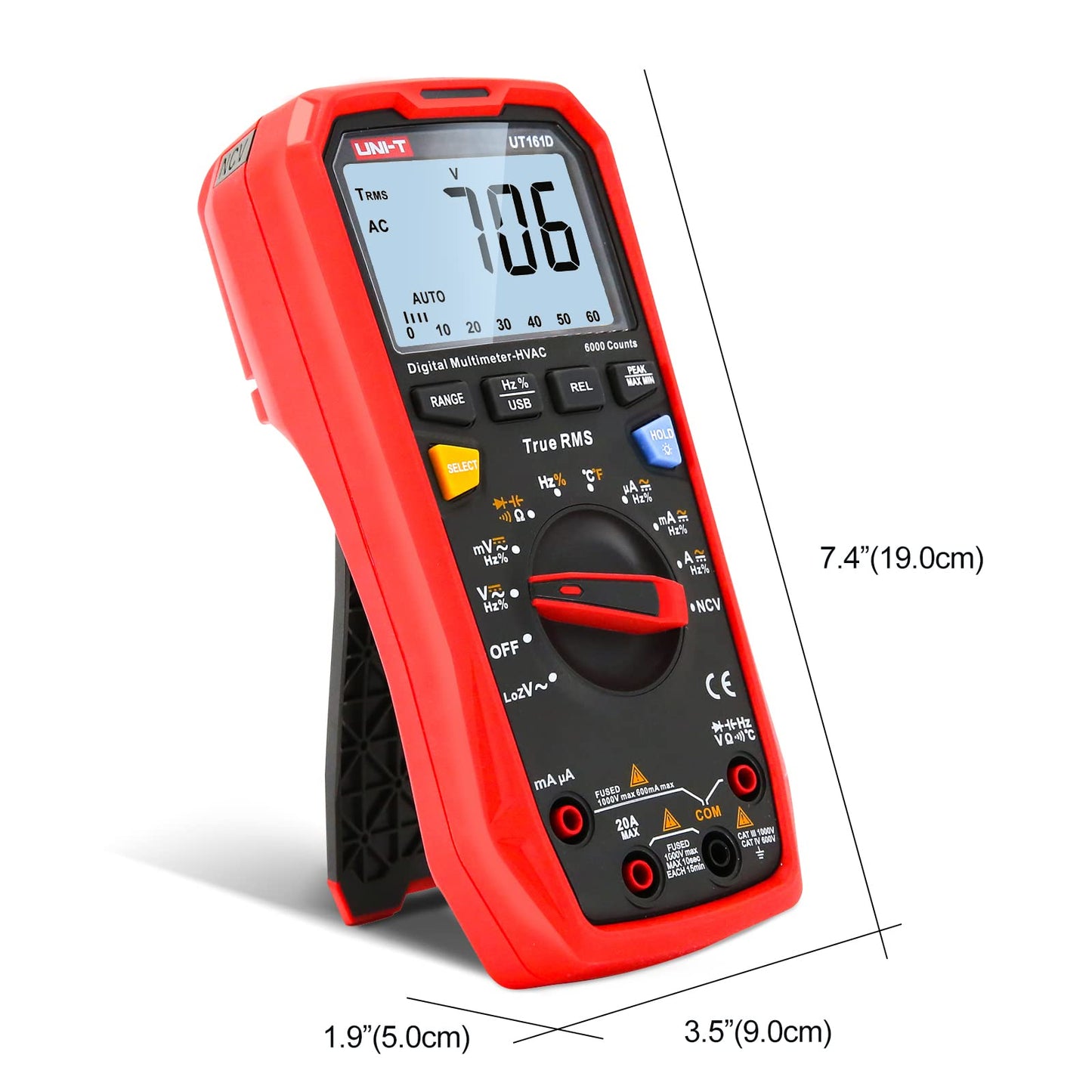 UNI-T Multimeter Kit UT161D, 1000V AC DC Volt Ohm Meter Capacitor Tester Frequency Meter True RMS 6000 Counts USB Transmission LOZ ACV Temperature Measurement