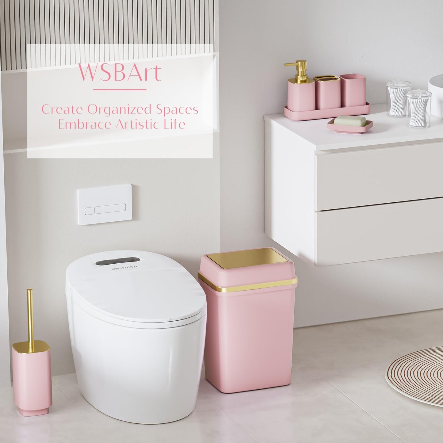 9PCS Bathroom Accessory Set, Pink Bathroom Set with Large-Capacity 4 Gallon Trash Can, Bathroom Accessories Set Complete, Toothbrush Holder, Soap Dispenser, Toilet Brush, Bathroom Decor
