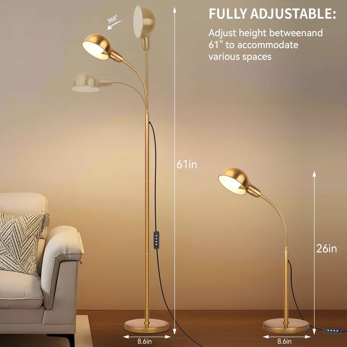 Ruiever Gold Floor Lamp with Flexible Gooseneck and Rotatable Shade，Standing Lamp Include Dimmer LED Bulb，Ideal Tall Lamp with Dimmer and Timer Switch for Reading,Bedside and Living Room (Gold)