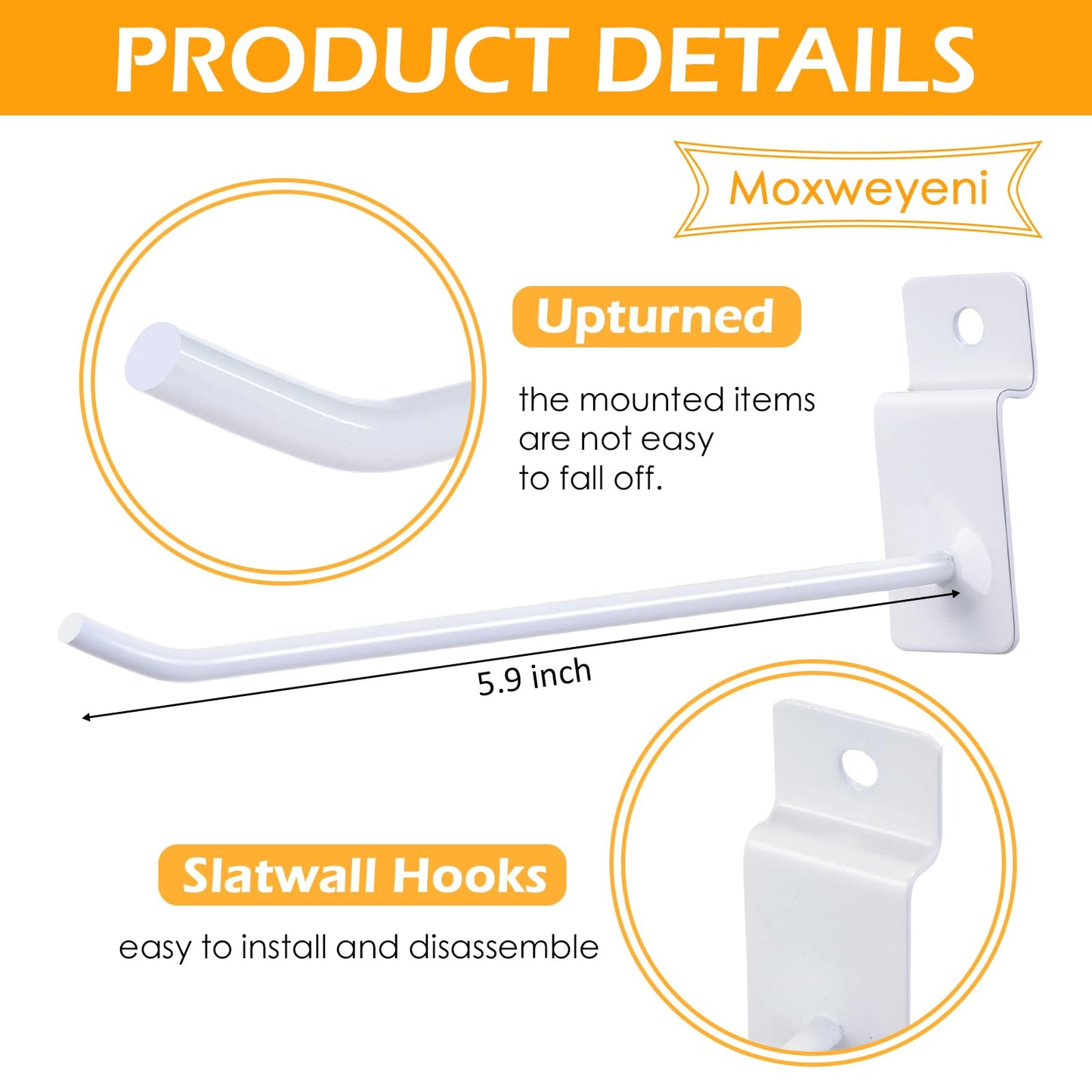 Moxweyeni 100 Pack Slatwall Hooks Slatwall Accessories Slat Wall Hanging Pegboard Hangers Slat Board Display Hooks for Retail Garage Organization Gridwall, White(5.9 Inch)