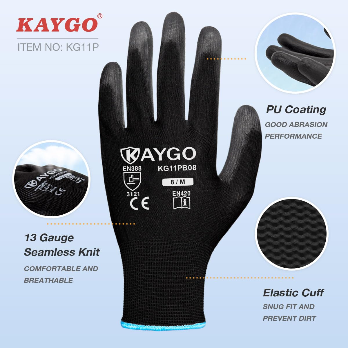 KAYGO Safety Work Gloves PU Coated, 60 Pairs KG11PB Seamless Knit Glove for Men and Women, with Smooth Grip on Palm and Fingers, Ideal for General Duty Work (Large, Black)