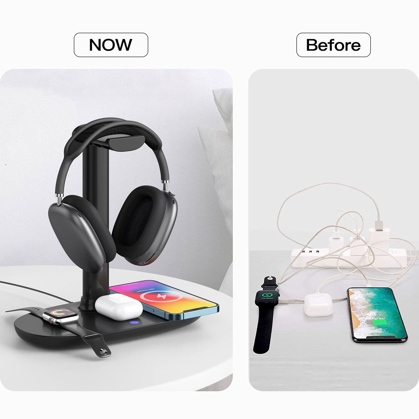 Headphone Stand with 15w Wireless Charger, Suguder 4 in 1 Charging Station Headset Holder for AirPods Max/Pro/4/3/2 iWatch 10/9/8/7/6/5/4/3/2/1/SE iPhone 16/15/14/13/12/11/X for Desktop Table Game
