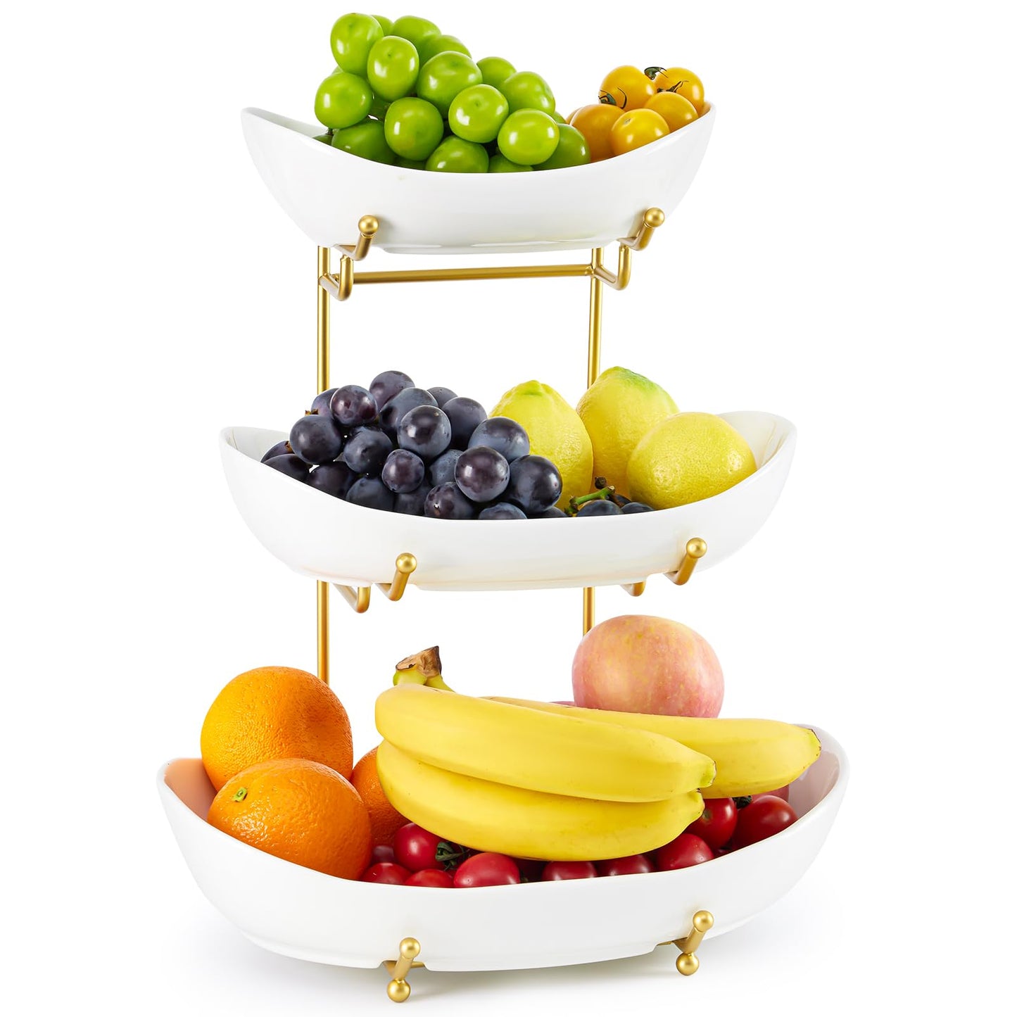 HOMKULA Ceramic Fruit Bowl for Kitchen Counter - 3 Tier Fruit Basket with Metal Stand, Tiered Fruit Stand for Countertop, Snack, Nuts, Cake, Dessert, Cute (Gold, Large)