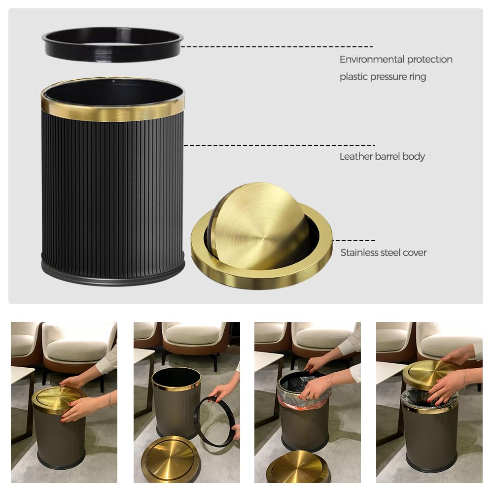 LEASYLIFE 15L/4GAL Black Bathroom Trash can,Gold Bathroom Garbage can with lid，Small Trash Can with Flipping Lid, Garbage cans for Bedroom, Kitchen，Living Room.(15L-Black)