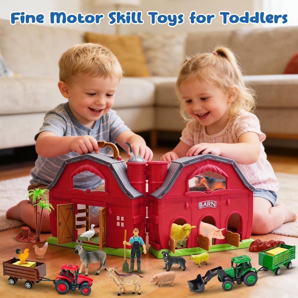 Red Barn Farm Animals Toy for Toddlers, Farm Figures Farmer Toy Truck with Trailer Preschool Learning Toys Christmas Birthday Gift for Boys Girls