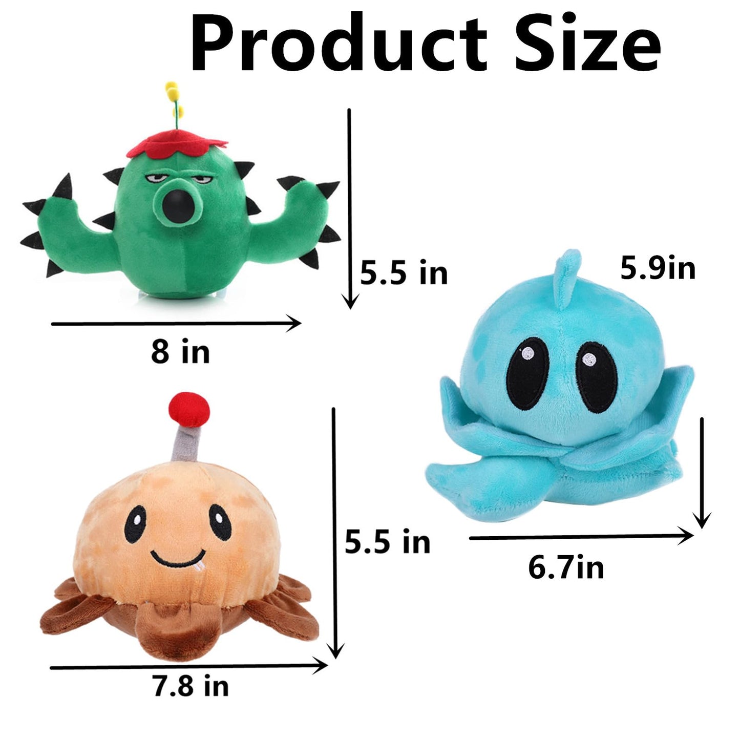 JHESAO - 3 Pieces Plant and Zombies Zombie Plush Cactus Set Potato Mine Toys PVZ Cactus Plushies 1 2 Plush Soft Ice Lettuce Doll for Fans of
