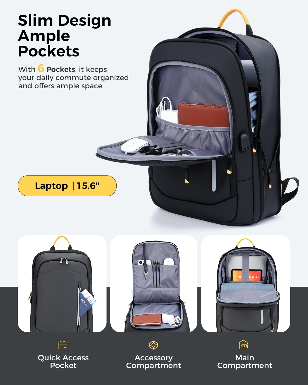 Lekespring Slim Laptop Backpack for Men, 15.6 Inch Expandable Business Travel Backpack with USB Charging Port, 1.54Lbs Lightweight Work Computer Bag, 600D Waterproof Durable Backpack, Black