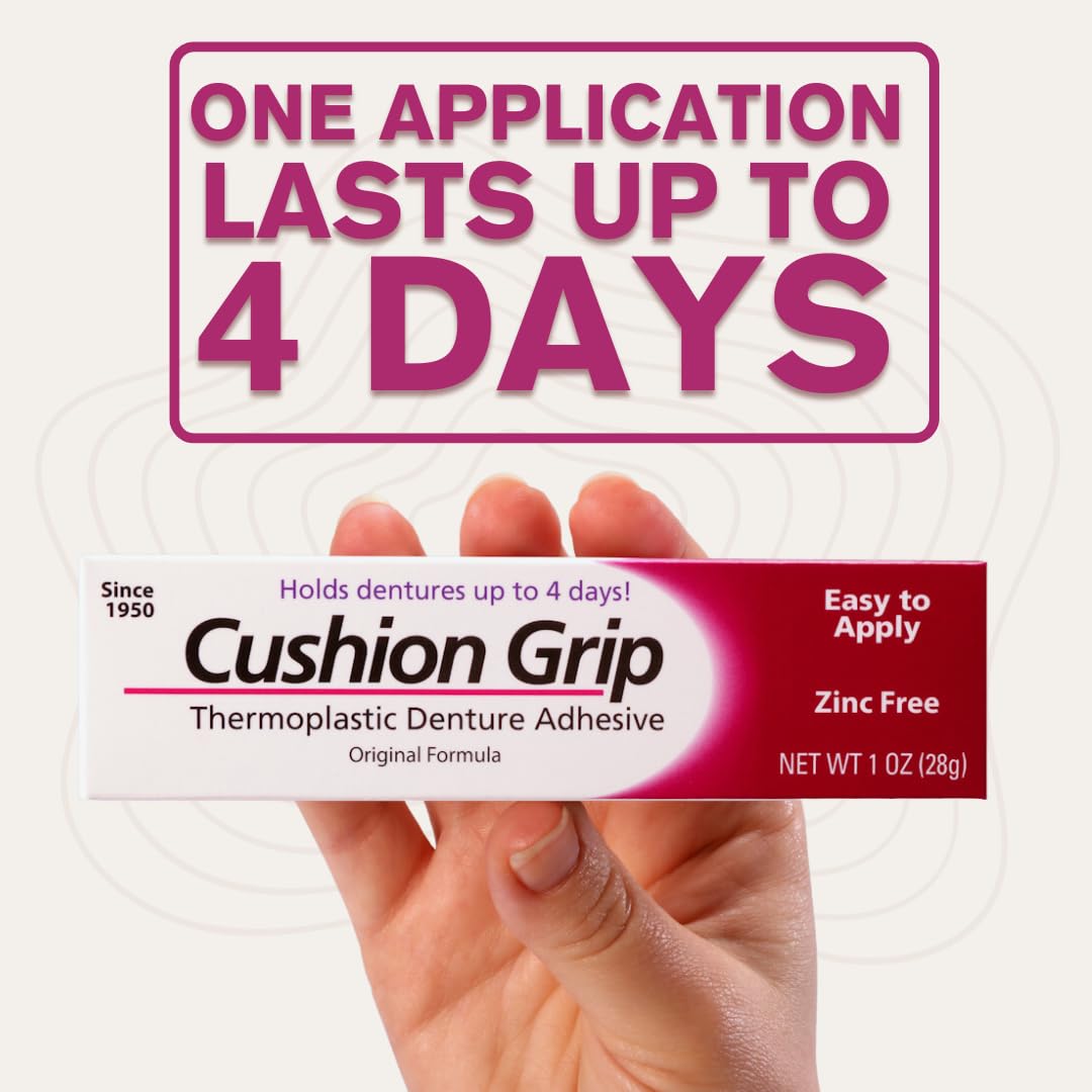 Cushion Grip Thermoplastic Denture Adhesive, 1 oz - Improves Denture Fit, Comfort & Stability | Non-Glue Adhesive, Acts Like a Soft Reline (Pack of 6)