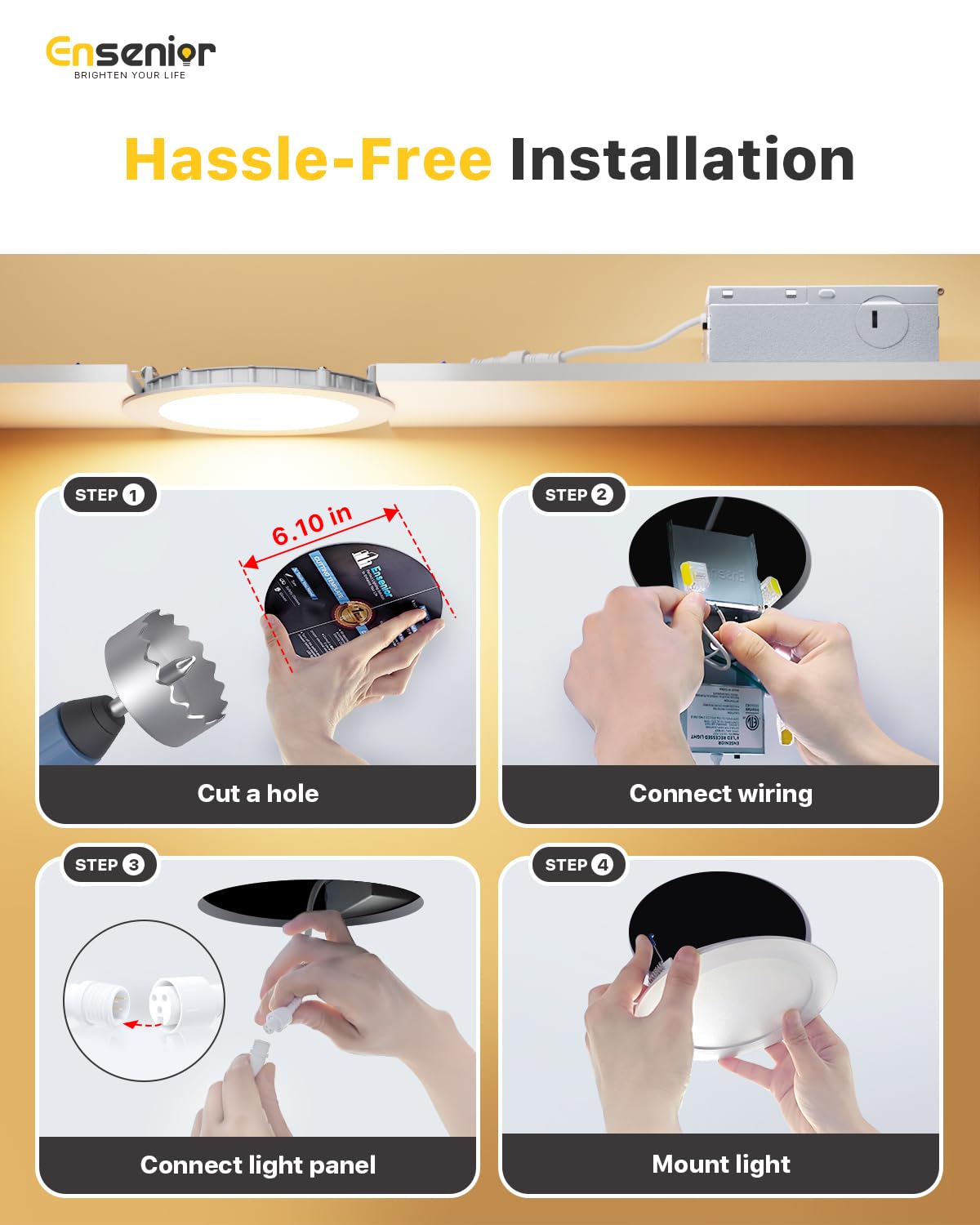 Ensenior 6 Pack 6 Inch LED Recessed Light, Dimmable, 2700K-5000K 5CCT, 1200LM High Brightness, 12W 120V, Damp Rated, ERL-12X-ETL, Ultra-Thin Canless Wafer Ceiling Light - ETL & FCC & IC