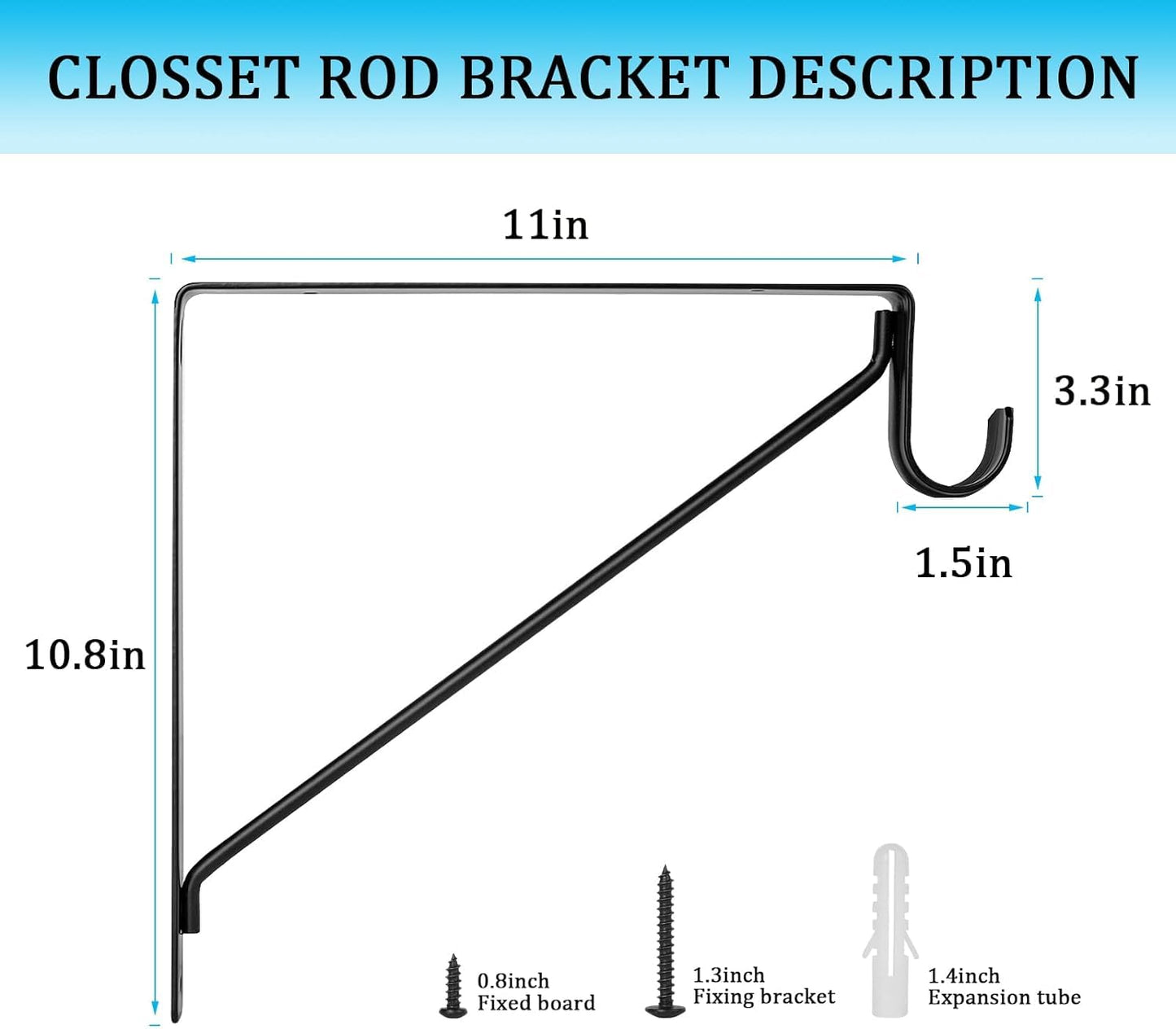 6 PCS Heavy Duty Closet Rod Bracket, 11 x 11 Inch Closet Shelf Brackets,Supports 300 lbs,Wall Mount Closet Rod Supports Bracket Hook with Screws, Closet Rod Holders for Home and Closet Decor(Black)