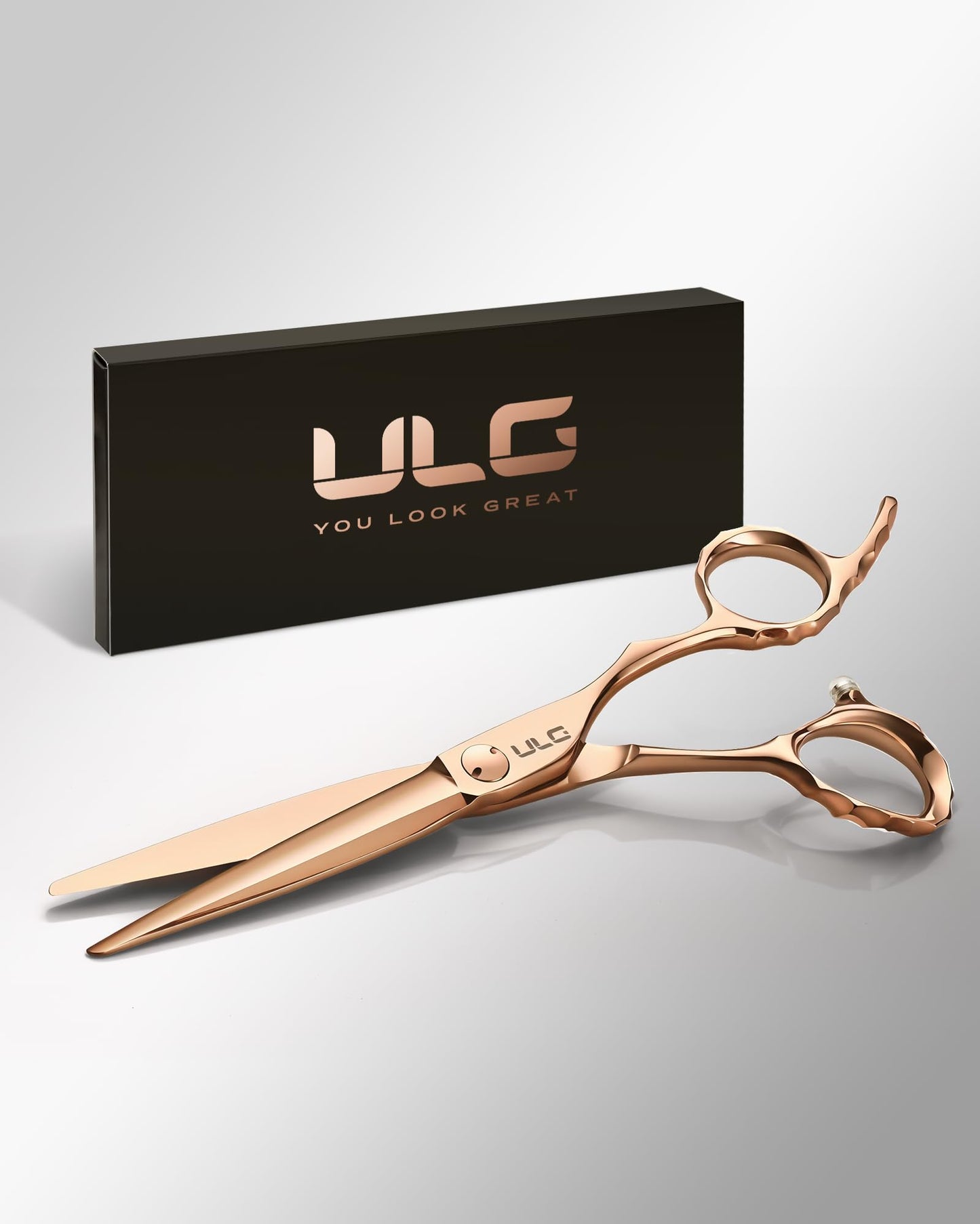 ULG Professional Hair Cutting Scissors with Luxury 18K Rose Gold Finish 6.5” Barber Scissors 440C Japanese Stainless Steel Hand-Honed Razor Sharp Blades Offset Handles Tension Adjustable, Right-Handed