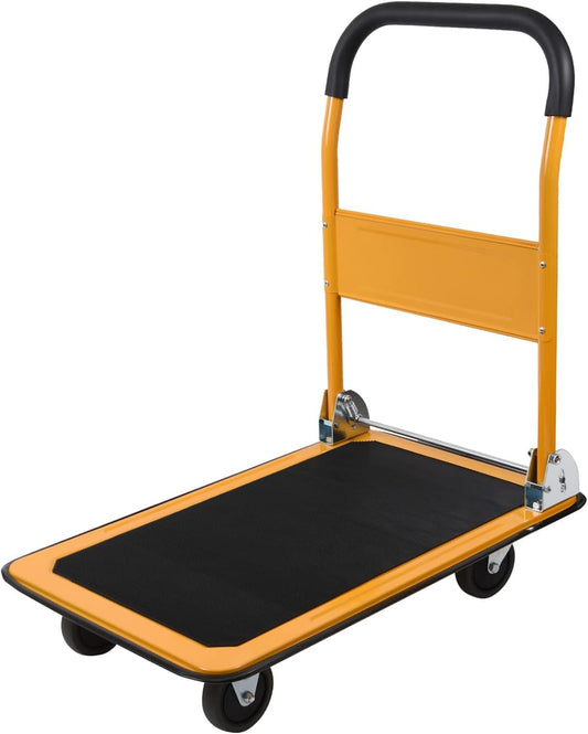 LEADALLWAY Foldable Push Cart Platform Cart 330lbs Capacity 4 Wheels 28.7x18.5x32.3inches Yellow Small Flatbed Cart