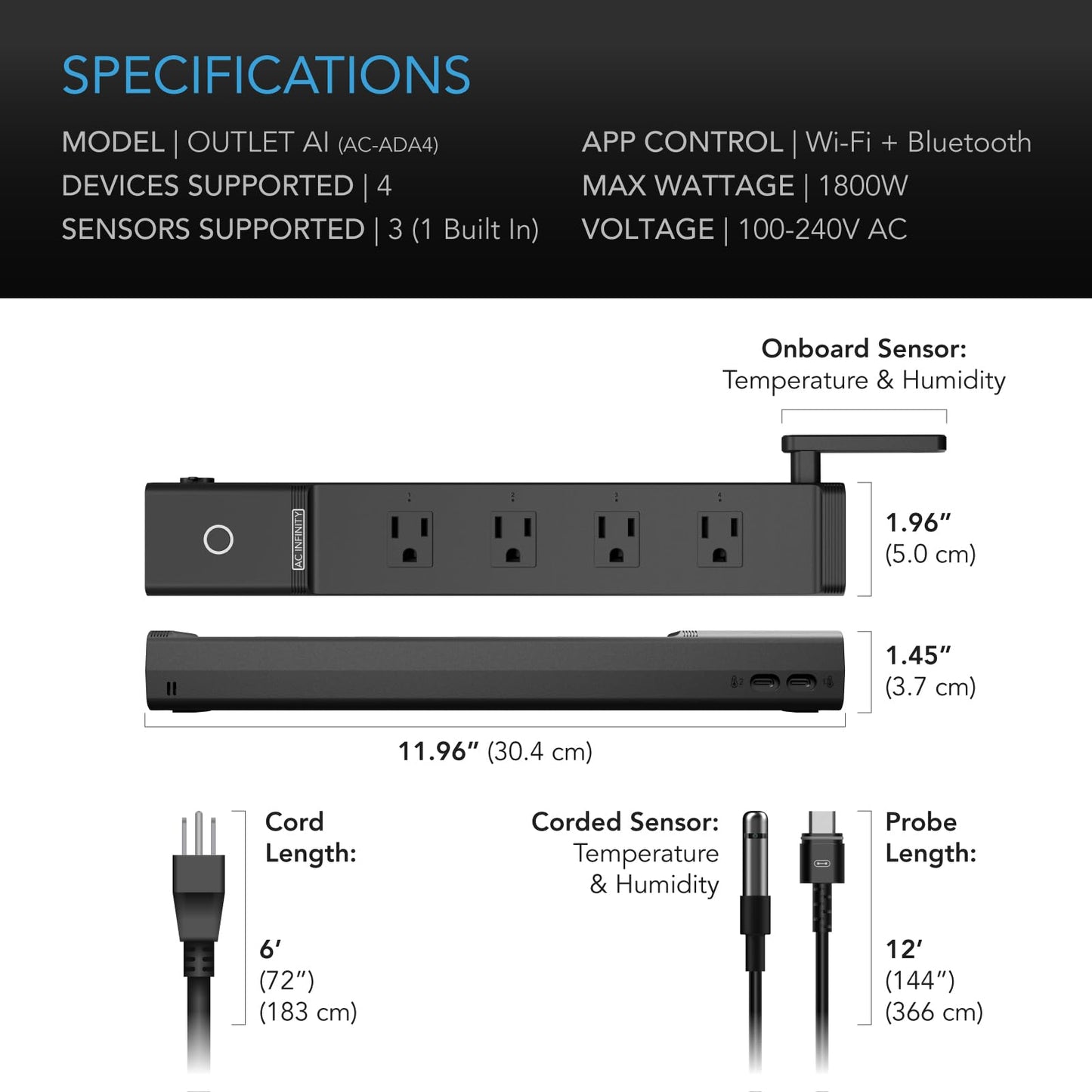 AC Infinity Outlet AI, Environment Controller, Smart WiFi Power Strip, Dual-Zone Temperature Humidity, Individual Control 4 Plugs, AI Targeting, Thermostat Greenhouse Aquarium Terrarium Home, 1800W