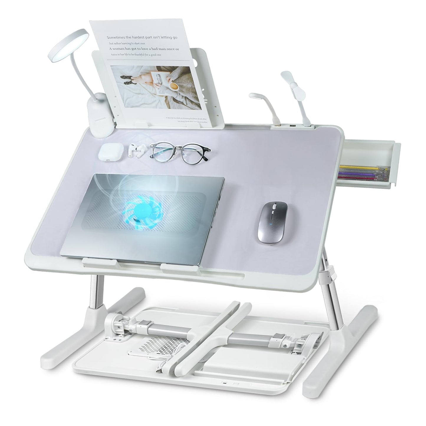 Laptop Lap Desk with Cooling Fan - Adjustable with Light, USB, Storage Drawer - Folding Bed Desk,22.04"*12.59",Grey
