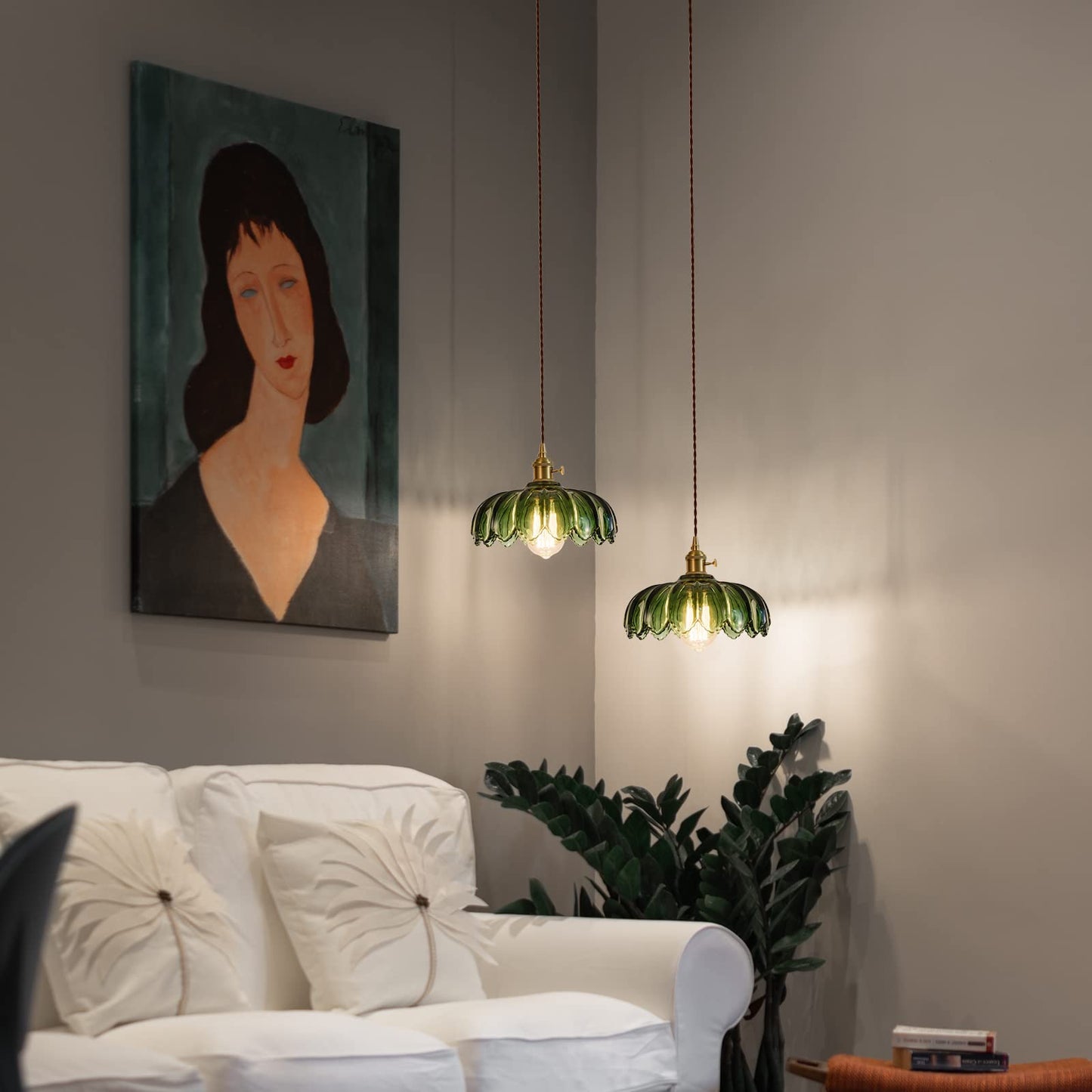 XZHGCEE Plug in Pendant Light Fixtures: Hanging Lamp Plug in Green Glass Pendant Lamp, Hanging Light for Kitchen Island, Bedroom, Dining Room, Living Room, E26 No Bulb
