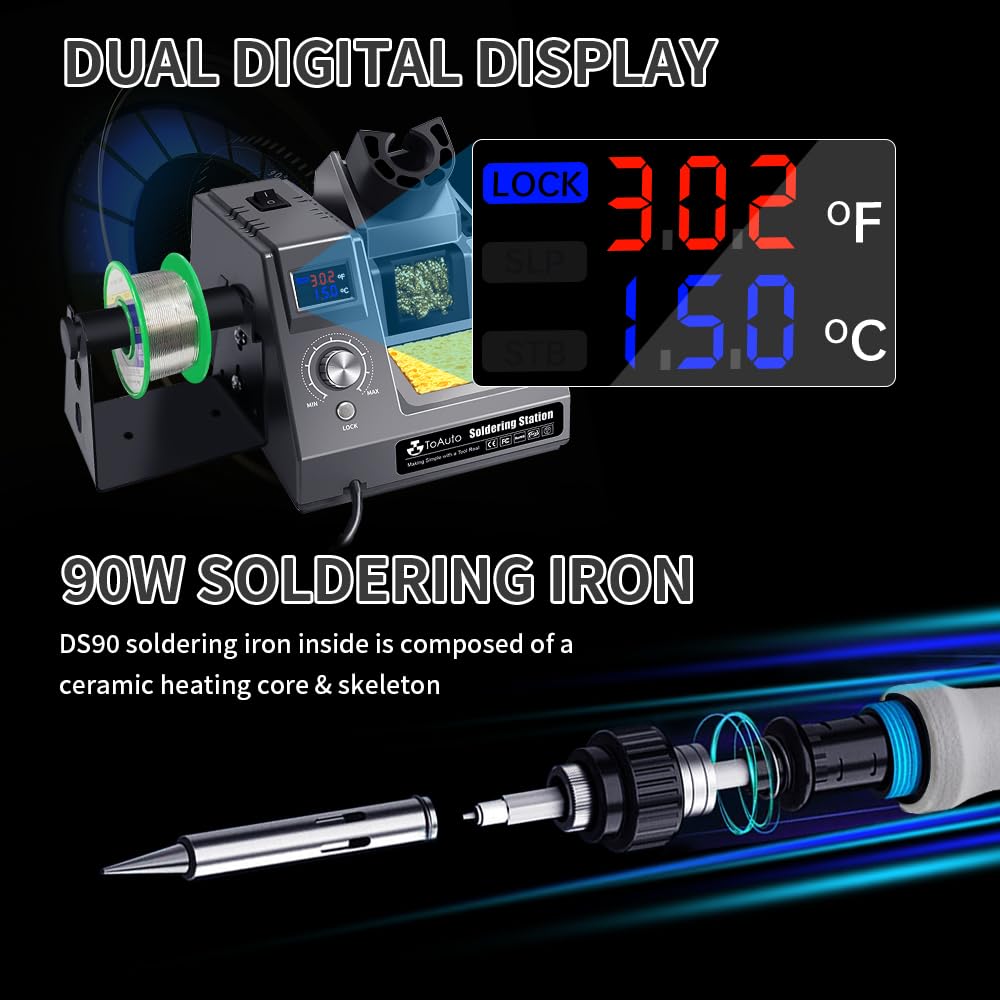 TOAUTO DS90 Soldering Station-°F & °C Dual Digital Display Soldering Iron Station Kit,90W Soldering Iron,302℉- 842℉ Temperature, Anti-Static Design & Grounding Wire, Auto Standby & Sleep,5 Solder Tips