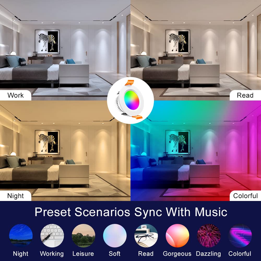 inShareplus 6 Pack 2 Inch Smart Recessed Lighting, WiFi LED Downlight 5W 120V, Dimmable RGBCW 2700-6500K Color Changing, Compatible with Alexa/Google, Ceiling Lights with LED Driver