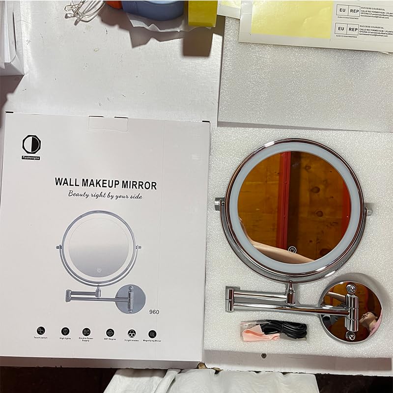 9 Inch Large Rechargeable Lighted Makeup Vanity Mirror Wall Mounted, 1X/10X Magnifying Mirror with Light for Bathroom 3000mAh USB Charging, Chrome Wall Mounted Mirror Swing Arm with 3 Light for Makeup