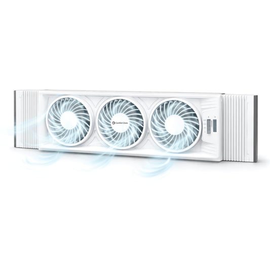 Comfort Zone Triple Window Fan with Adjustable Thermostat | 3-Speed High-Velocity Cooling | Horizontal or Vertical Manual Control | Fits Double Hung Windows (Min 25" x 8") | Fully Assembled | White