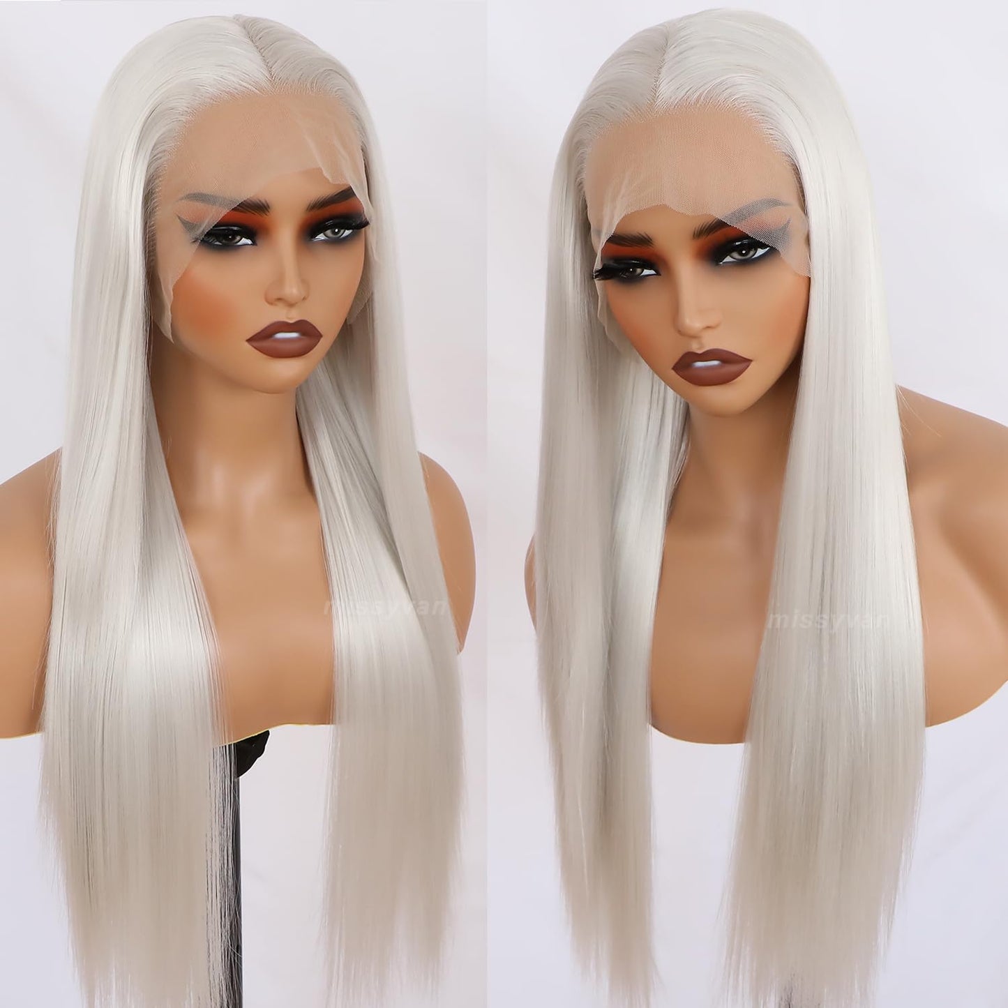 Missyvan White Hair Color Lace Front Wig Long Straight Hair Wigs Platinum Blonde Heat Resistant Fiber Hair Synthetic Lace Front Wigs for Fashion Women