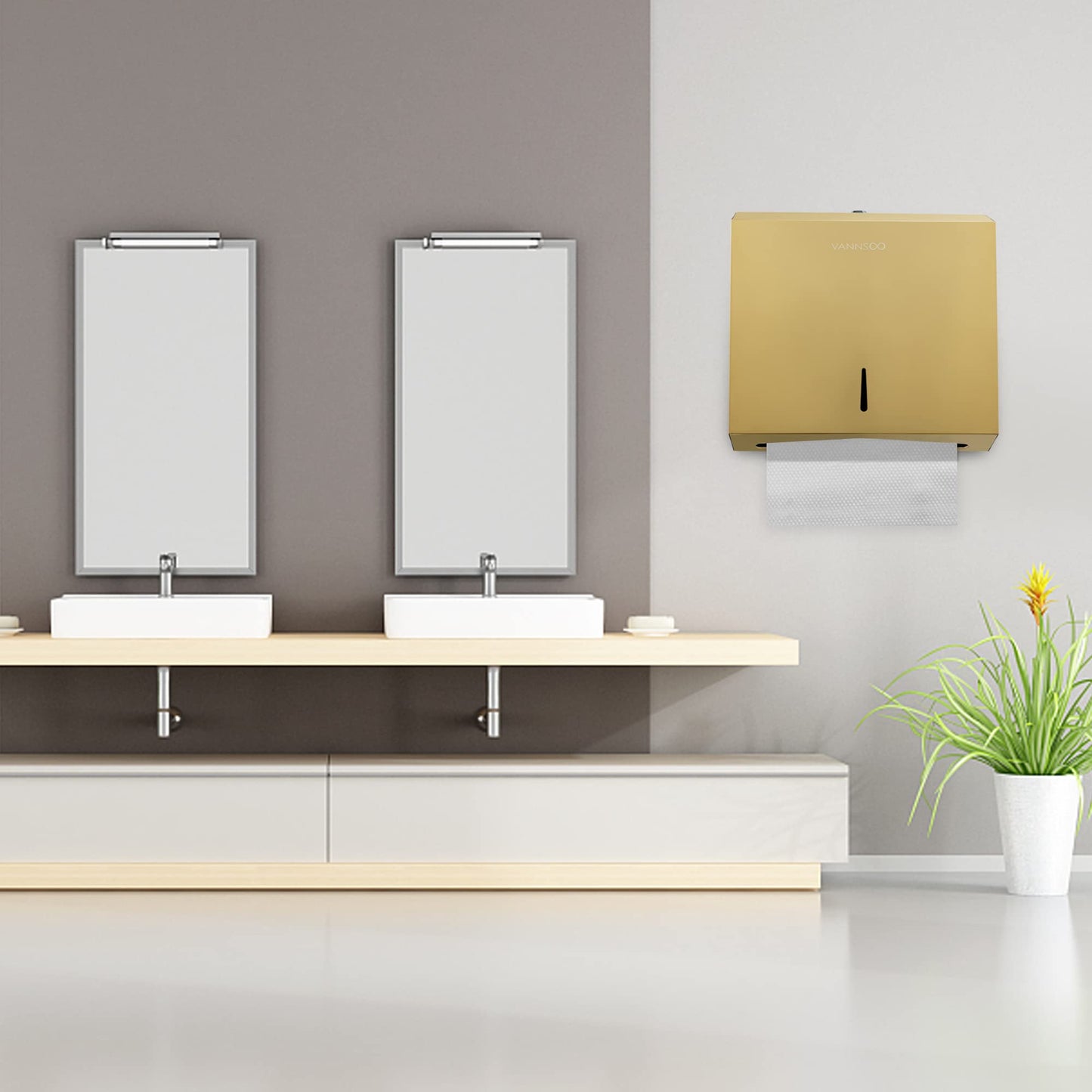 VANNSOO Commercial Paper Towel Dispenser Wall Mount, Tri-fold/Multi-fold/C-Fold Stainless Steel Paper Towel Holder Hand Towel Dispenser with Key (Gold)