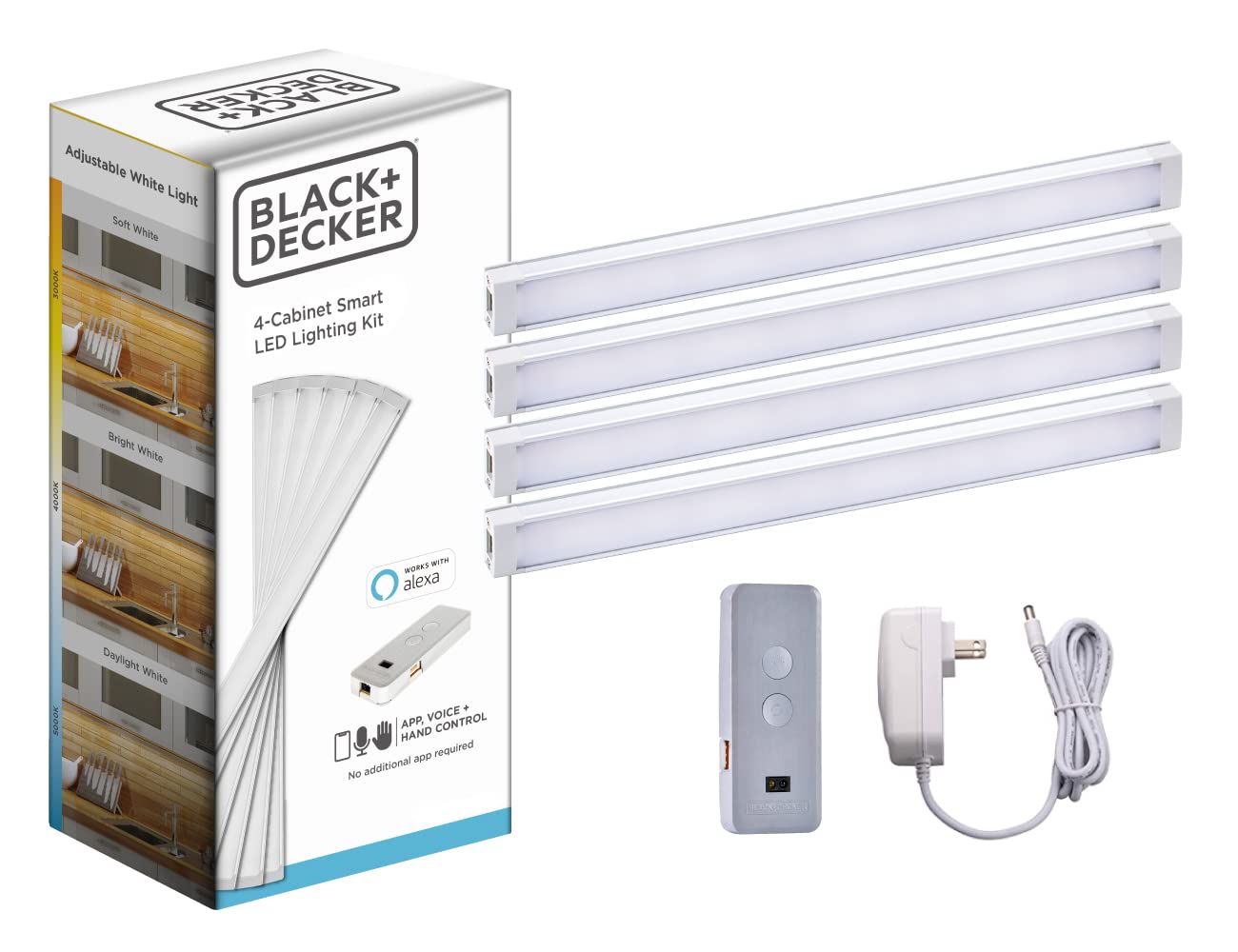 BLACK+DECKER Compatible with Alexa Smart LED Under Cabinet Lighting Kit, Motion Sensor, Dimmable , 3 Color Settings, For Kitchen, Cabinets and Closets, (4) 9" Bars, White, A Device