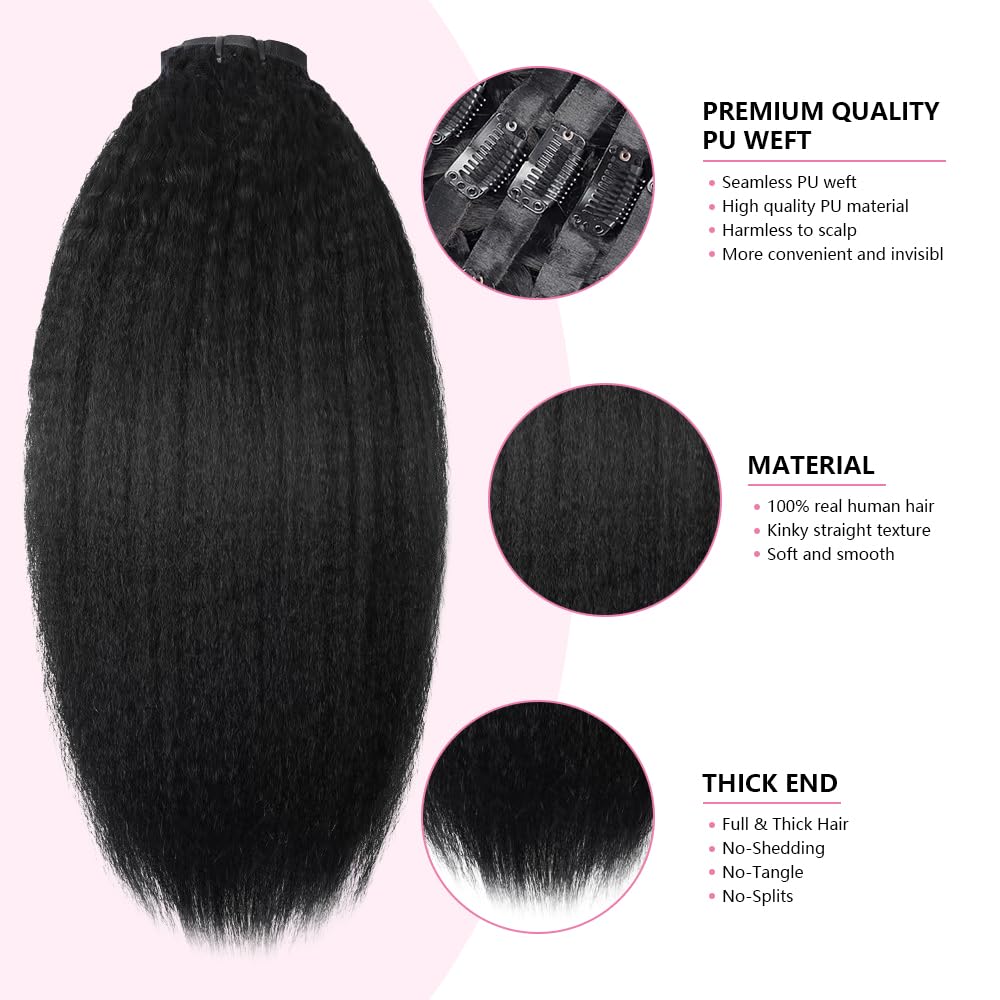 Seamless Clip In Hair Extensions Human Hair Invisible Pu Skin Weft Kinky Straight Seamless Clip Ins For Black Women Real Human Hair Extensions 8pcs With 18clips Per Set 120g (16inch,Natural Black)