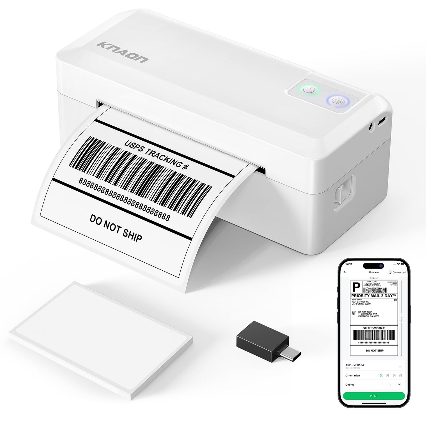 KNAON Shipping Thermal Label Printer, 4x6 Portable Label Printer, Bluetooth Label Maker for Small Business, Support iPhone,Android,Windows,Mac,Chromebook,Works with USPS, Ebay,Shopify&More, White