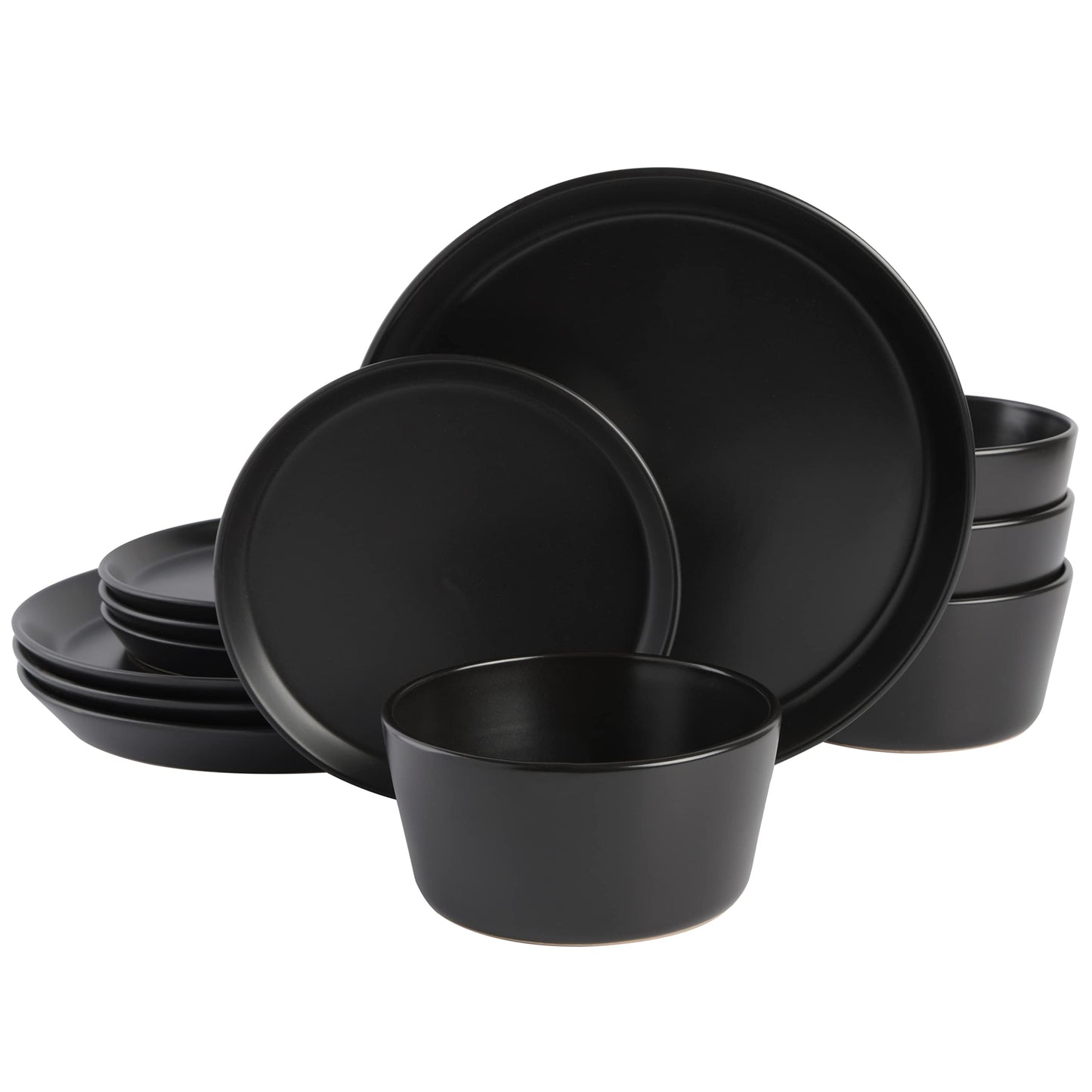 Gibson Soho Lounge Sofia Coupe 12-Piece Stoneware Dinnerware Set, Service for 4 – Black Plates and Bowls