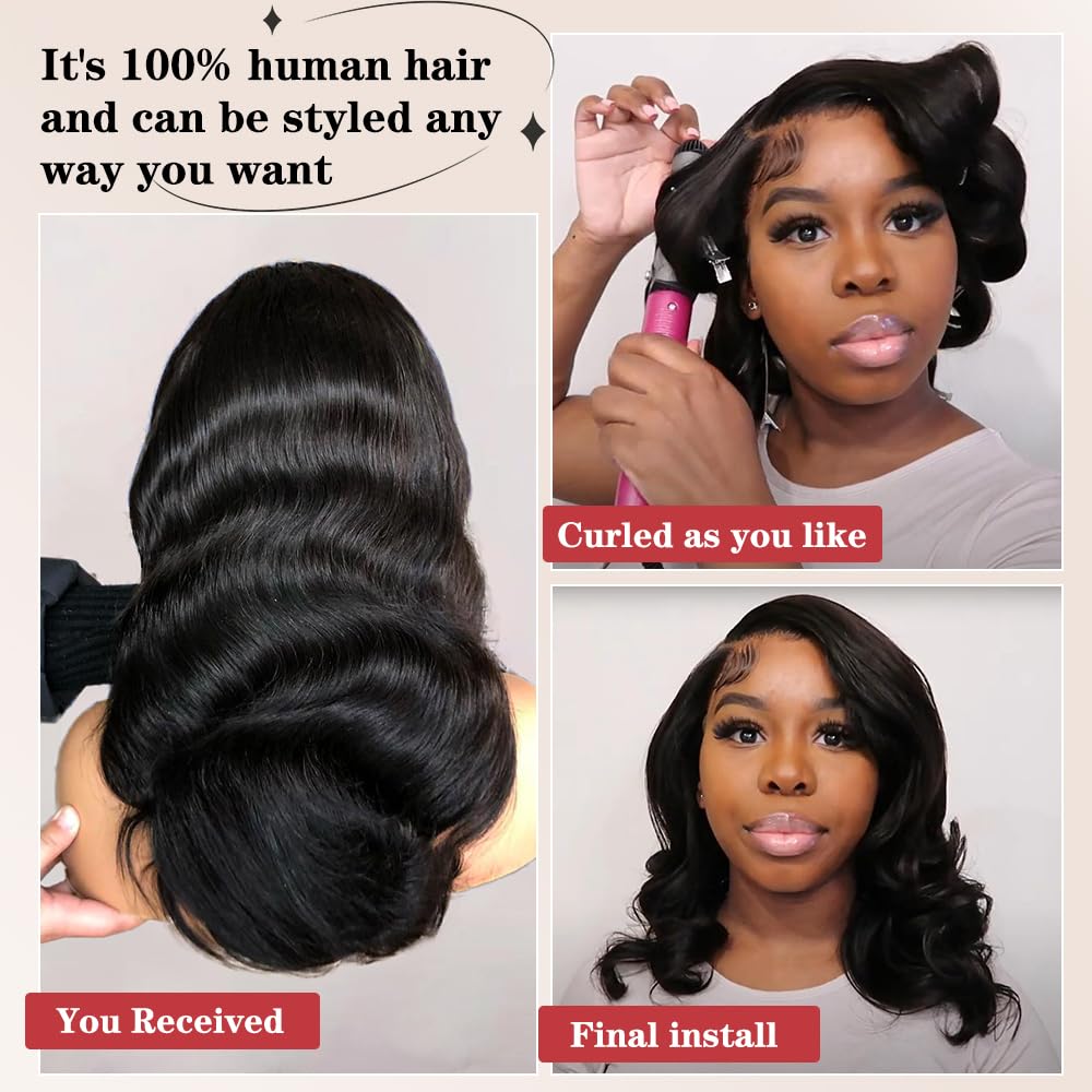 Devonia 14 Inch Bob Human Hair Wig 13x4 Body Wave Lace Front Wigs Human Hair Pre Plucked HD Frontal Lace Wig 180 Density Glueless Wigs for Women Bob Wigs Natural Black Color