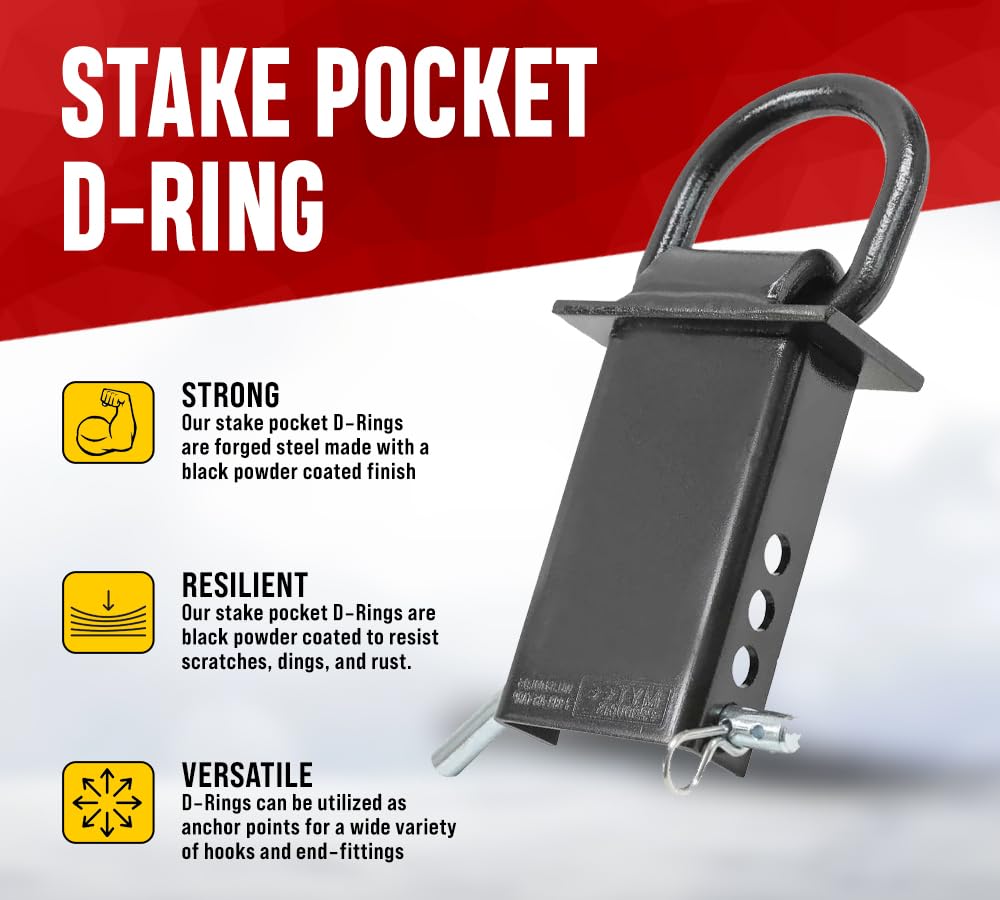 Mytee Products Heavy Duty Adjustable Trailer Stake Pocket 5/8 Inch D Ring w/ 1/2" Hitch Pin, Load Limit 5400 lbs & 4 Holes for Adjustment | D-Ring Tie Downs Utility for Flatbed Trucks & Trailer – 4 PK