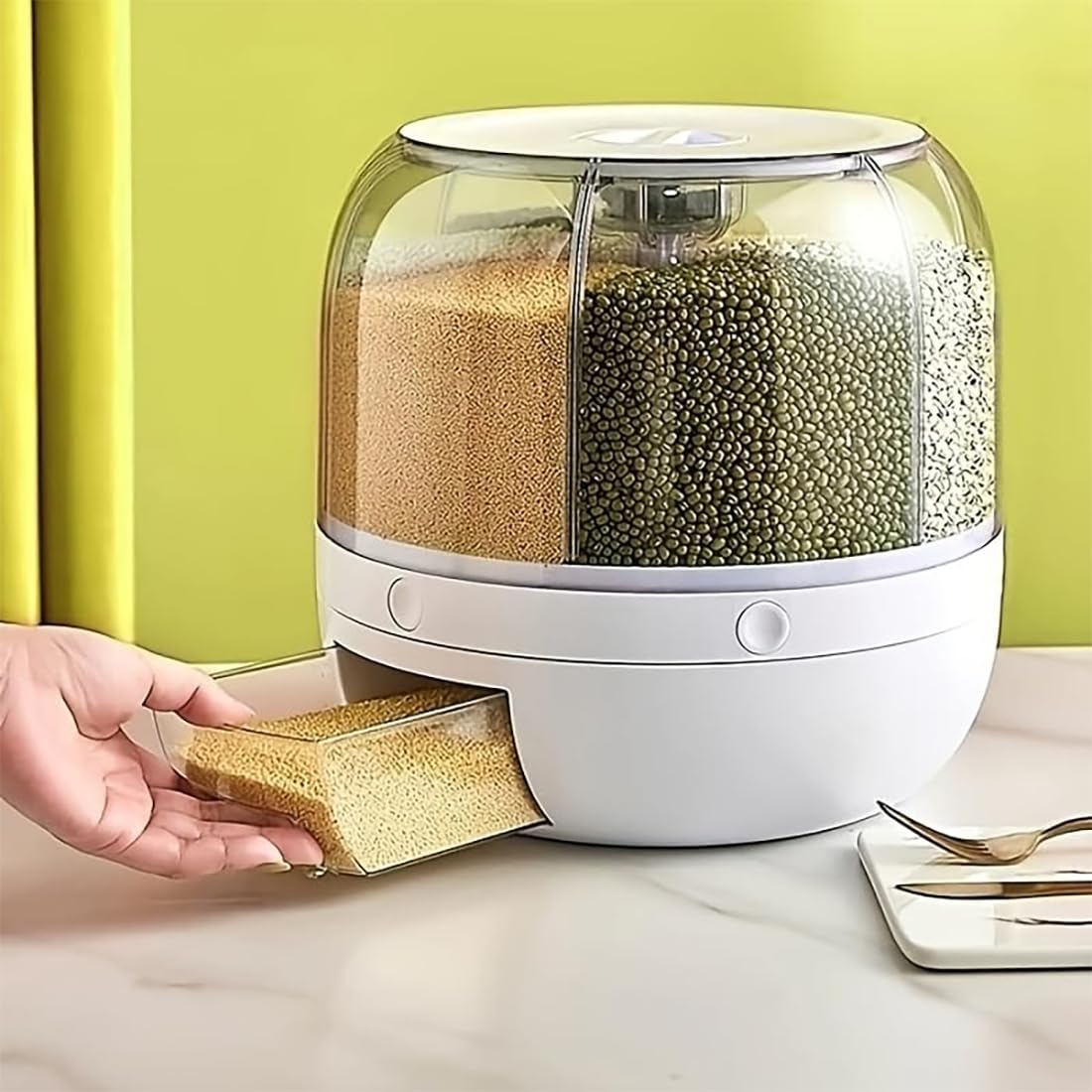 Wnnideo Rotating Grain Storage Bin 6 Grids Rice Container One-Click Output Large Capacity Food Dispenser For Rice Grains Sealed Moisture Proof Organizer (Large) (Grey, Large)