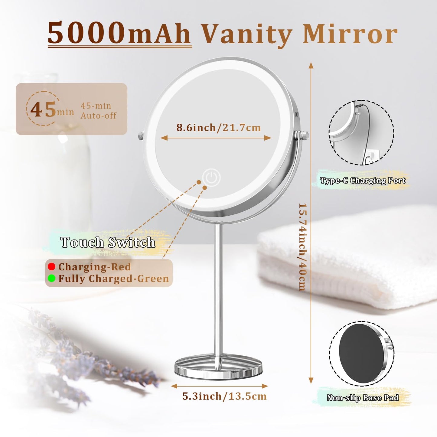 9in Makeup Mirror with Lights, 3x/20x 5000mAh Rechargeable Lighted Makeup Mirror with Magnification, 360° Rotate Magnifying Mirror,3 Color,Dimmable up,3800lux,80 LEDs,No Height Adjustment,Silvery