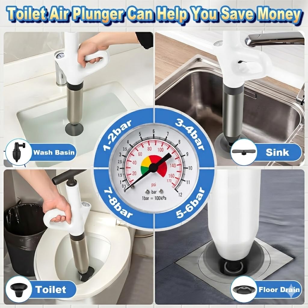 Mieaoll Toilet Plunger,High Pressure Toilet Plunger Heavy Duty,Toilet Auger Air Drain Blaster with Pressure Gauge,Toilet Unclogger for Bathroom and Plumbing Clogs
