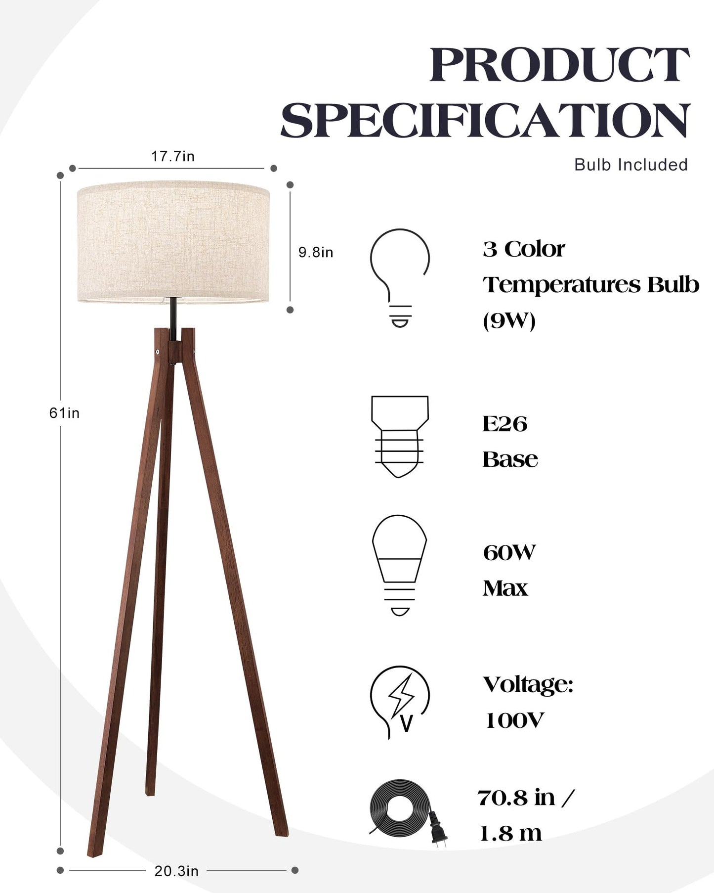 ELYONA Wood Tripod Floor Lamp, Mid Century Reading Standing Lamp with 3 Color Temperatures & Linen Shade, Modern Night Light for Bedroom, Farmhouse, Living Room, Office, 9W LED Bulb Included, Brown