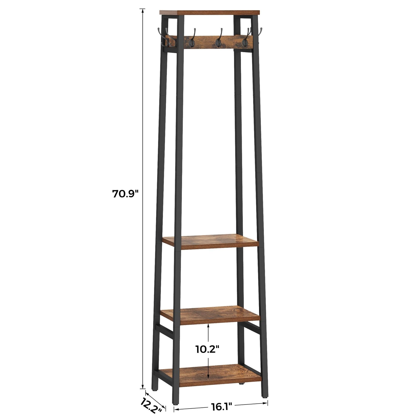 Cerlyunzan Coat Rack Freestanding, Coat Stand with 3 Shelves and 7 Hooks, Hall Tree Free Standing, Clothes Rack Stand Organizer, Industrial Style, Rustic Brown and Black