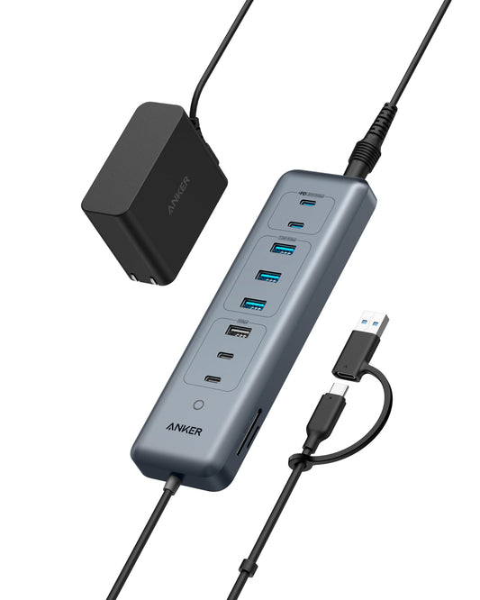 Anker USB-C Hub,11-in-1 10Gbps Data Hub with 4 USB-A and 4 USB-C Ports, 100W USB-C PD-IN, Card Reader, 2-in-1 USB Connector, For USB-A and USB-C Laptop, MacBook, iPad and More (65W Adapter Included)