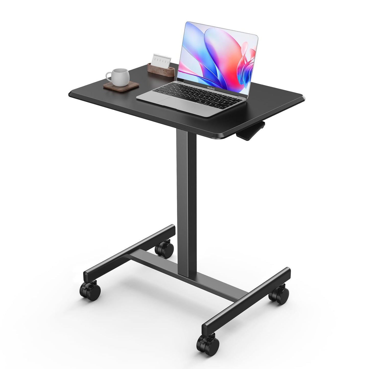 DUMOS Mobile Small Standing Desk, Portable Rolling Laptop Desk with 2 Lockable Wheels, Adjustable Height Computer Workstation for Home Office, 19 Inch Black