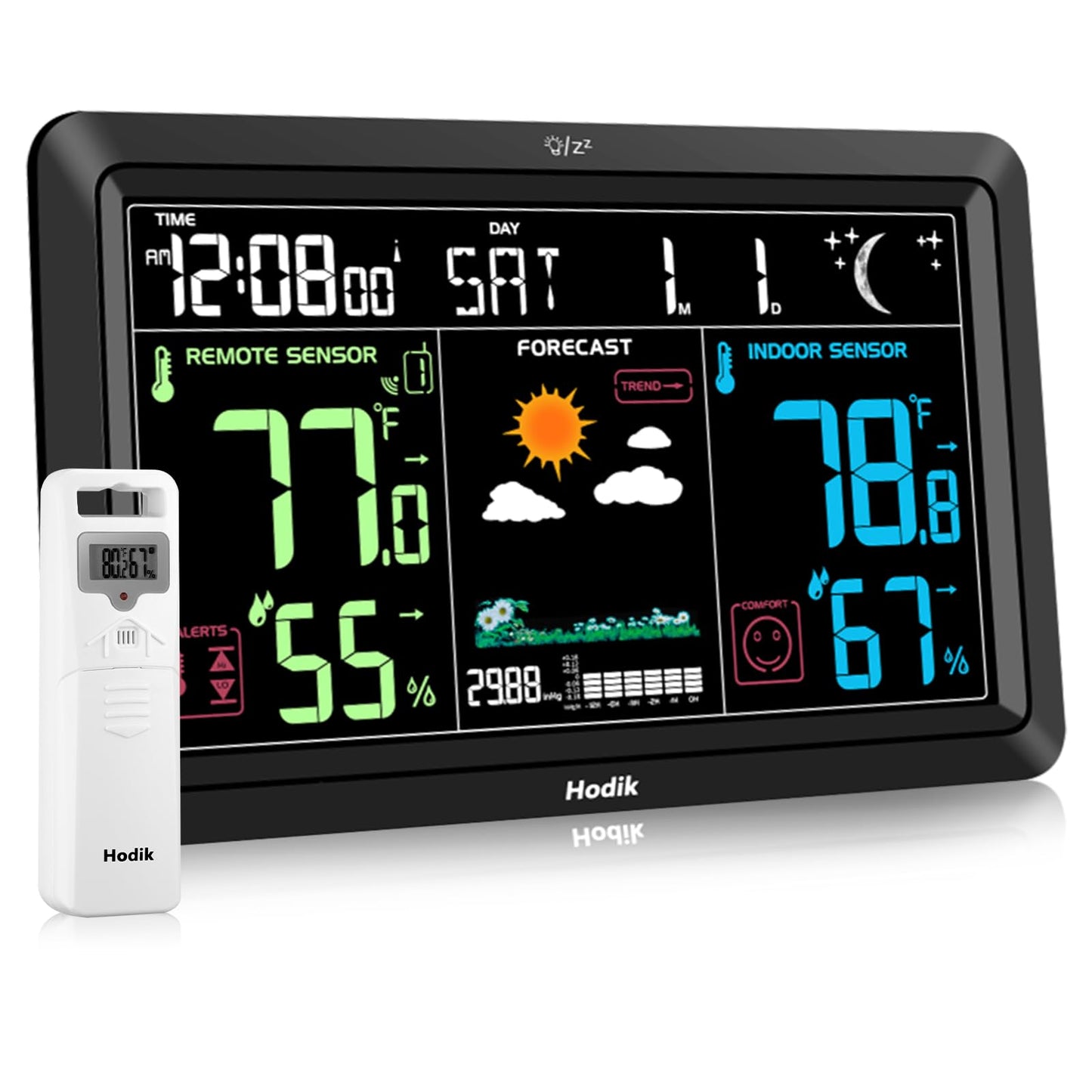 Weather Station Atomic Clock Indoor Outdoor Thermometer Wireless, Barometer Humidity Temperature Monitor Hygrometer with High Precision Sensor Black