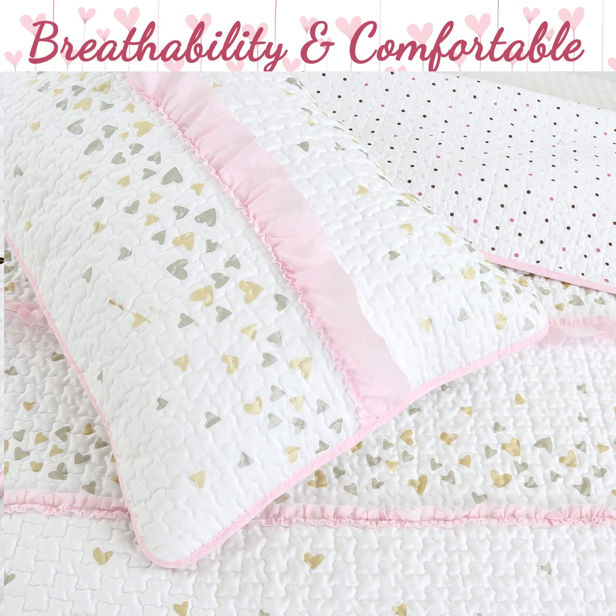 Cozy Line Home Fashions Pink Ruffle Metallic Printed Sweet Heart Polka Dot Girl Cotton Reversible Quilt Bedding Set, Coverlet, Bedspreads (Sparkling Hearts, Twin - 2 Piece)
