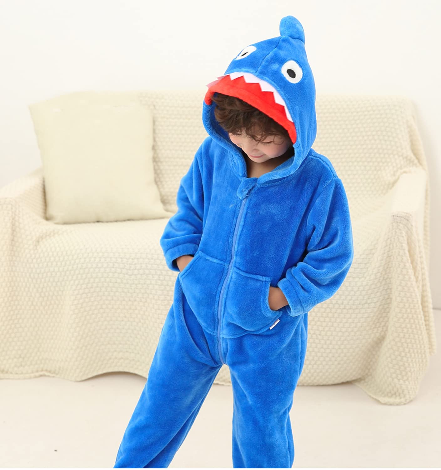 LOLANTA Boys' Girls' Halloween Shark Costume Soft Animal One-piece Jumpsuit for Kids Holiday Birthday Gift (Blue, 4-6 Years)