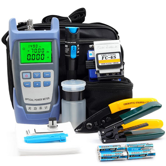 FC-6S FTTH Fiber Optic Cold Connection Assembly Termination Tools Kit Bag with Visual Fault Locator Fiber Cleaver SC FC Connector Optical Power Meter Finder Cable Tester Stripper Tool Dust Free Paper