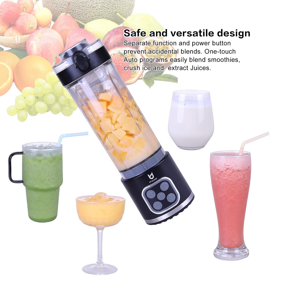 UTALENT Cordless Portable Blender, 25 oz removable Vessel, 700W Personal Blender, For-Smoothies, Ice Crush, 4 Programs, Leakproof-Lid & Sip Spout, USB-C Rechargeable, Dishwasher Safe Parts, Black