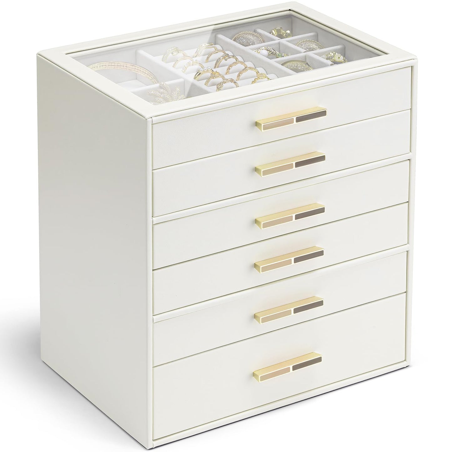 VLANDO 6 Layer Jewelry Box for Women, Glass Lid Jewelry Organizer with 6 Drawers for Necklaces Rings Earrings Bracelets - Cloud White