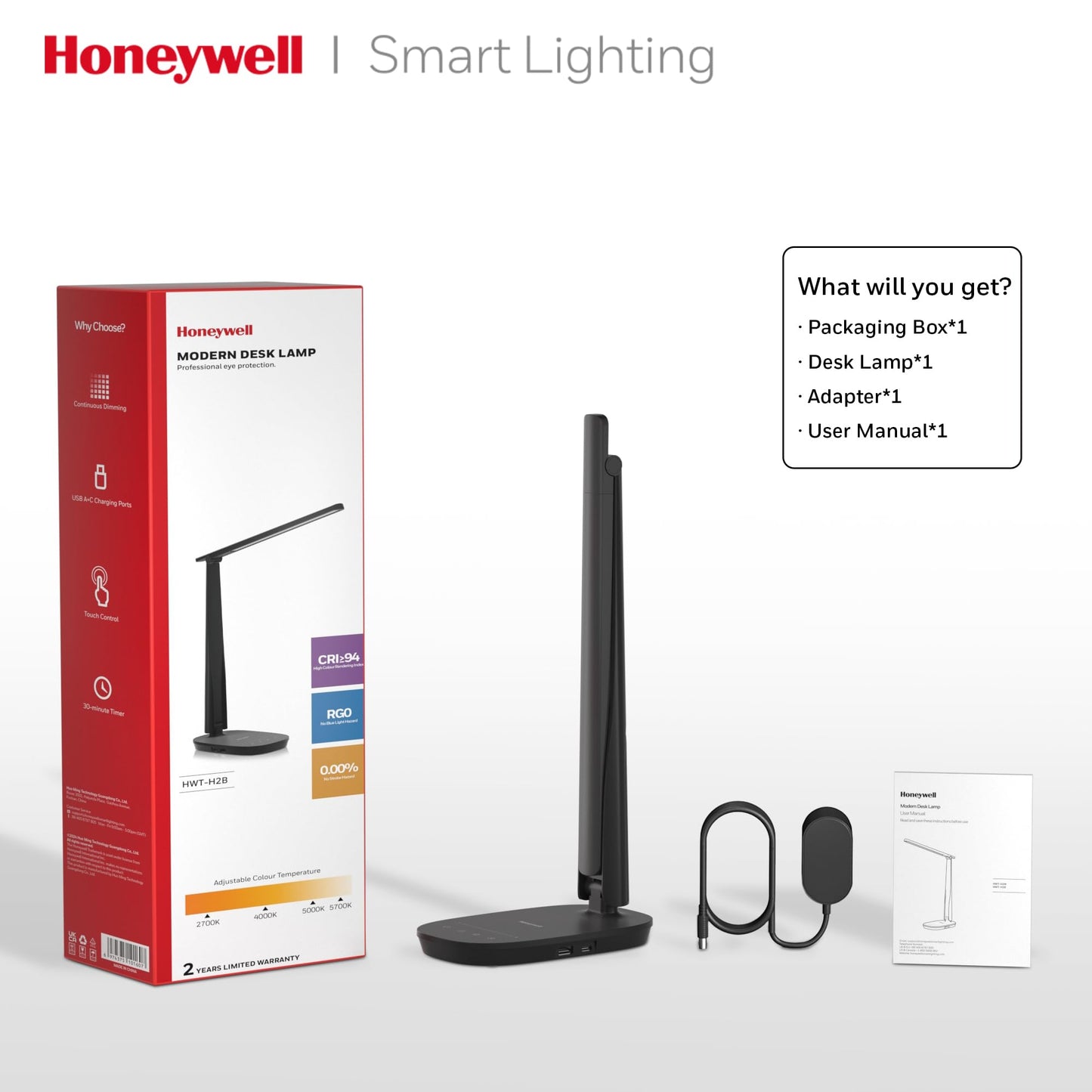 HONEYWELL LED Desk Lamp - HWT-H2 Sunturalux™ Eye-Caring Foldable Desk Light with USB A+C Dual Charging Port 4 Color Modes Dimmable Table Lamp for Home Office Bedroom Reading Study Work - Black