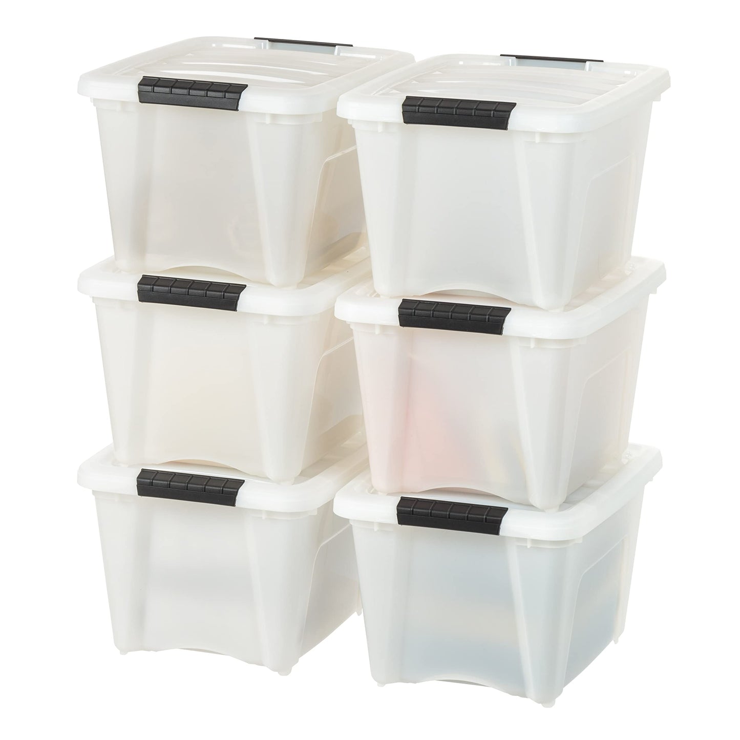 IRIS USA 19 Qt Stackable Plastic Storage Bins with Lids, 6 Pack - BPA-Free, Made in USA - Discreet Organizing Solution, Latches, Durable Nestable Containers, Secure Pull Handle - Pearl
