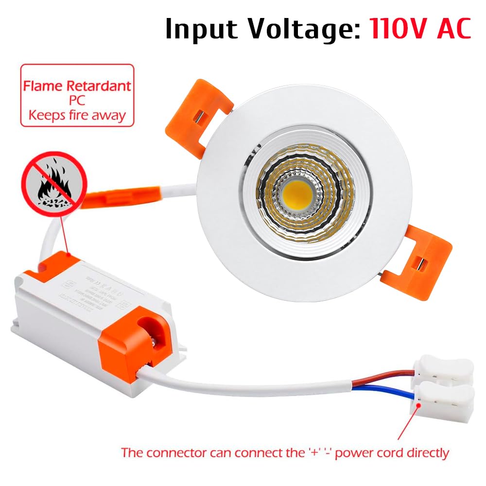 LightingWill 2inch LED Dimmable Downlight, 3W COB Recessed Ceiling Light, Warm White 3000K-3500K, CRI80, 25W 220LM Halogen Bulbs Equivalent, White (10 Pack)